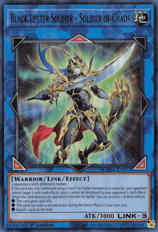 Image of the Yu-Gi-Oh! trading card "Black Luster Soldier - Soldier of Chaos [MAMA-EN073] Ultra Rare." This Ultra Rare Link/Effect Monster is depicted as an armored warrior wielding a large, glowing sword erupting with red energy. The background is a swirling mix of dark and fiery hues. The card has 3000 ATK, is a LINK-3, and has various effects listed.