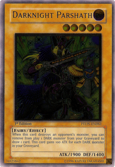A "Yu-Gi-Oh!" trading card featuring the Ultimate Rare "Darknight Parshath [PTDN-EN082] Ultimate Rare." The card has an image of a dark-armored warrior holding a polearm with purple and gold accents. As a DARK Effect Monster, its attributes and effects are detailed below the image. The card is from the "1st Edition" and is marked "PTDN-EN082.