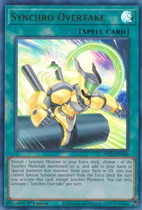 The image showcases a "Yu-Gi-Oh!" trading card titled "Synchro Overtake [MP22-EN164] Ultra Rare," featuring a humanoid, golden-armored robot wielding a spear. As an Ultra Rare Spell Card, it details its effect and usage in summoning Synchro Monsters. This 1st Edition card boasts a blue-green border.