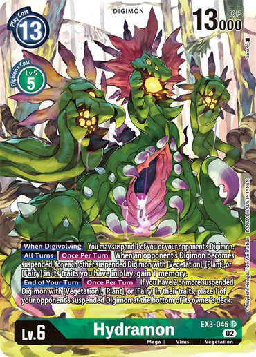 Introducing the Hydramon [EX3-045] (Alternate Art) from Digimon's Draconic Roar series, a Level 6 Digimon with a striking draconic appearance. This green, plant-like creature features multiple fierce heads and expressions. Highlighted by game stats like a play cost of 13, 13,000 DP, and a Digivolve cost of 5, its card text reveals formidable abilities and traits.