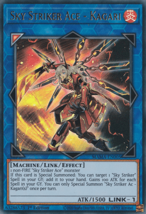 A Yu-Gi-Oh! card titled "Sky Striker Ace - Kagari [MAMA-EN005] Ultra Rare." This Ultra Rare Link/Effect Monster features a mechanical humanoid character in red and gold armor with mechanical wings, surrounded by a fiery aura. The text box below describes the card's attributes, effects, attack points, and other details.