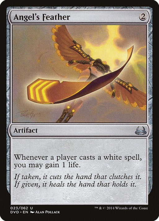A Magic: The Gathering card named "Angel's Feather (Divine vs. Demonic) [Duel Decks Anthology]." The artwork depicts an angel with outstretched, glowing orange wings, holding a radiant feather. Text below reads, "Whenever a player casts a white spell, you may gain 1 life." This uncommon artifact from Duel Decks Anthology is illustrated by Alan Pollack and is number 023/062.
