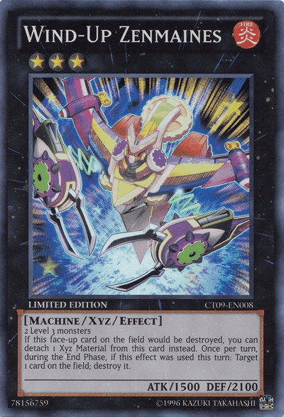 A Yu-Gi-Oh! trading card titled "Wind-Up Zenmaines [CT09-EN008] Super Rare" from the 2012 Collectors Tin. This Super Rare Xyz/Effect Monster features a mechanical creature with purple and gold armor, wielding gears and tools. As a Level 3 monster with ATK/1500 and DEF/2100, it also bears a Limited Edition label.