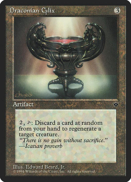 The image shows a Magic: The Gathering card named Draconian Cylix [Fallen Empires], an artifact card from the Fallen Empires set with a casting cost of 3 colorless mana. The artwork depicts a dark, ornate chalice with a red liquid inside. Illustrated by Edward Beard, Jr. in 1994, this rare card's text reads: "2, tap: Discard a card