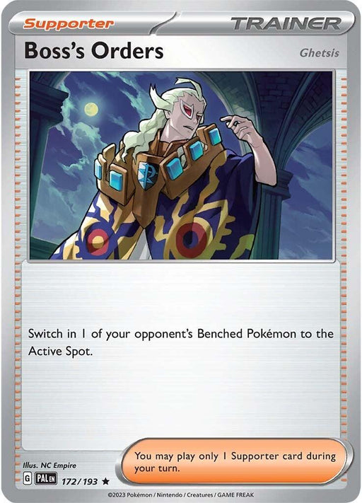 A Pokémon Trainer card titled "Boss's Orders (172/193) [Scarlet & Violet: Paldea Evolved]" features Ghetsis in a grand pose with a hand raised. He has long, light green hair and wears a distinctive robe adorned with geometric patterns. As a Supporter card from the Paldea Evolved set, its effect reads "Switch in 1 of your opponent's Benched Pokémon to the Active Spot.