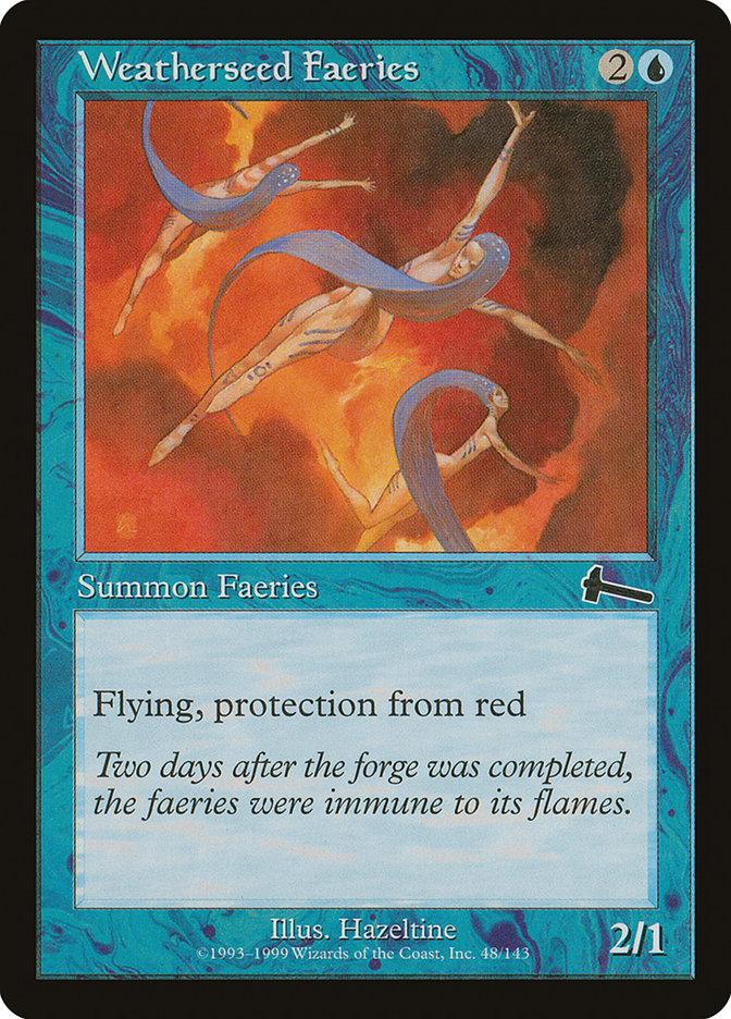 In the Magic: The Gathering card "Weatherseed Faeries" from Urza's Legacy, three ethereal creatures with flowing hair gracefully glide through fiery orange skies. Their abilities include Flying and protection from red. Illustrated by Hazeltine, this enchanting card was released in 1999 by Wizards of the Coast.