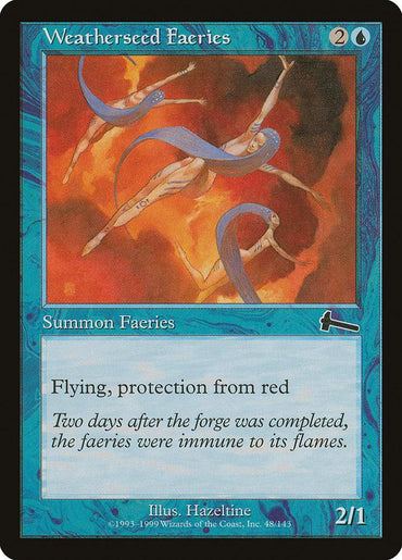 In the Magic: The Gathering card "Weatherseed Faeries" from Urza's Legacy, three ethereal creatures with flowing hair gracefully glide through fiery orange skies. Their abilities include Flying and protection from red. Illustrated by Hazeltine, this enchanting card was released in 1999 by Wizards of the Coast.