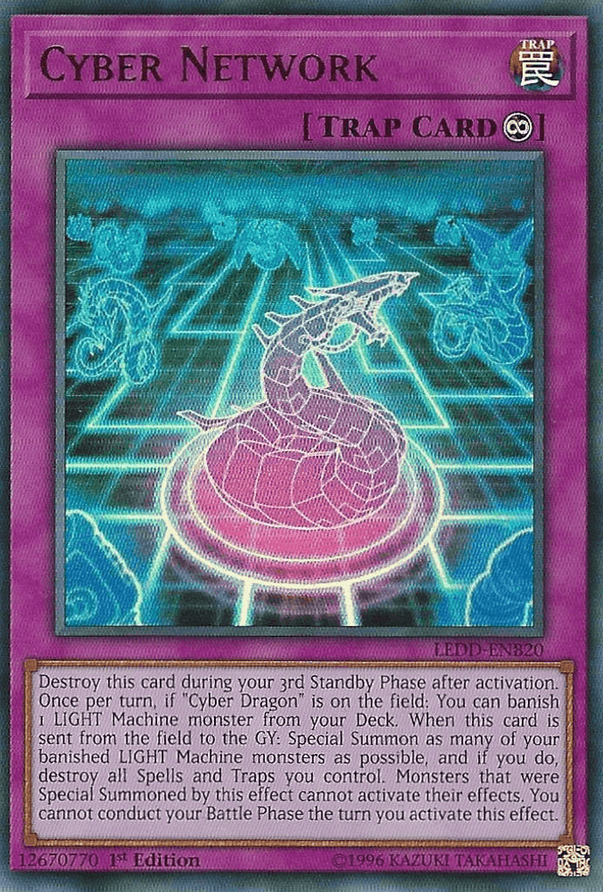 The image displays a "Yu-Gi-Oh!" trap card from the Legendary Dragon Decks, specifically "Cyber Network [LEDD-ENB20] Ultra Rare". It showcases a purple border and has the label "[TRAP CARD]" at the top right. The artwork features a holographic Cyber Dragon coiling above a glowing, tech-like pedestal, with text detailing this Continuous Trap's activation and effects.