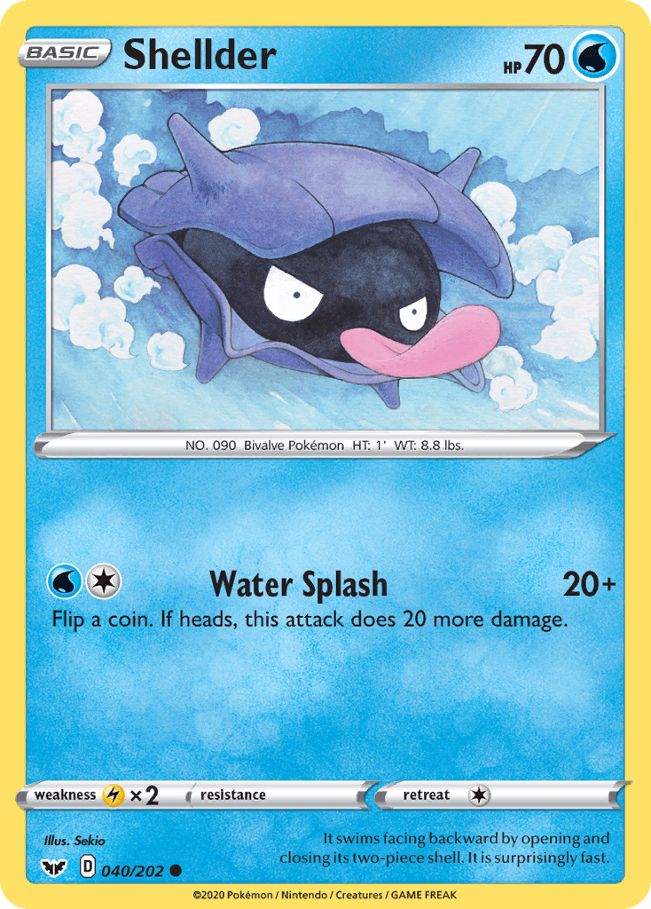 A Pokémon trading card features Shellder, a clam-like creature with a purple shell and large tongue. With 70 HP and a single move named 