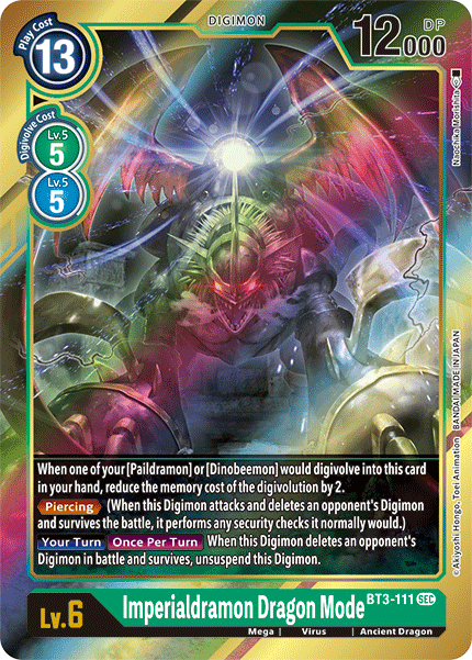 The Imperialdramon Dragon Mode [BT3-111] (Alternate Art) from the Release Special Booster Ver.1.5 by Digimon is a Secret Rare trading card. This Lv. 6 card features an Ancient Dragon with mechanical elements and green light emanating from its body, enclosed in a green border design. It has a play cost of 13, DP of 12000, and boasts detailed in-game effects and stats text.