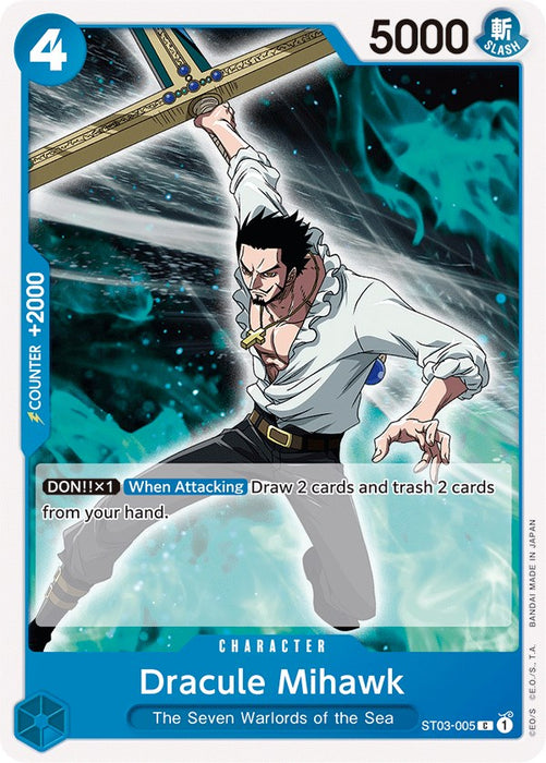 The Bandai Dracule Mihawk [Starter Deck: The Seven Warlords of The Sea] trading card depicts Dracule Mihawk, a character from the Seven Warlords of The Sea, wielding a sword with intense focus. He wears a white buttoned shirt and black pants against a turquoise, mystical background. The card includes stats: 4 cost, 5000 power, and an ability to draw and trash cards when attacking.