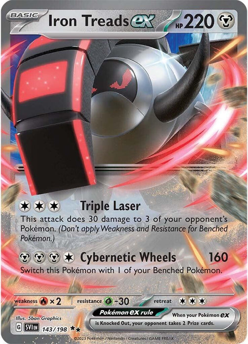 A Pokémon card of Iron Treads ex (143/198) [Scarlet & Violet: Base Set] with 220 HP from the Scarlet & Violet series. This Ultra Rare card showcases Iron Treads in a dynamic pose. Its abilities are "Triple Laser" and "Cybernetic Wheels." The card details include a bottom-left illustration credit, set number 143/198, and other stats like weaknesses and resistance.
