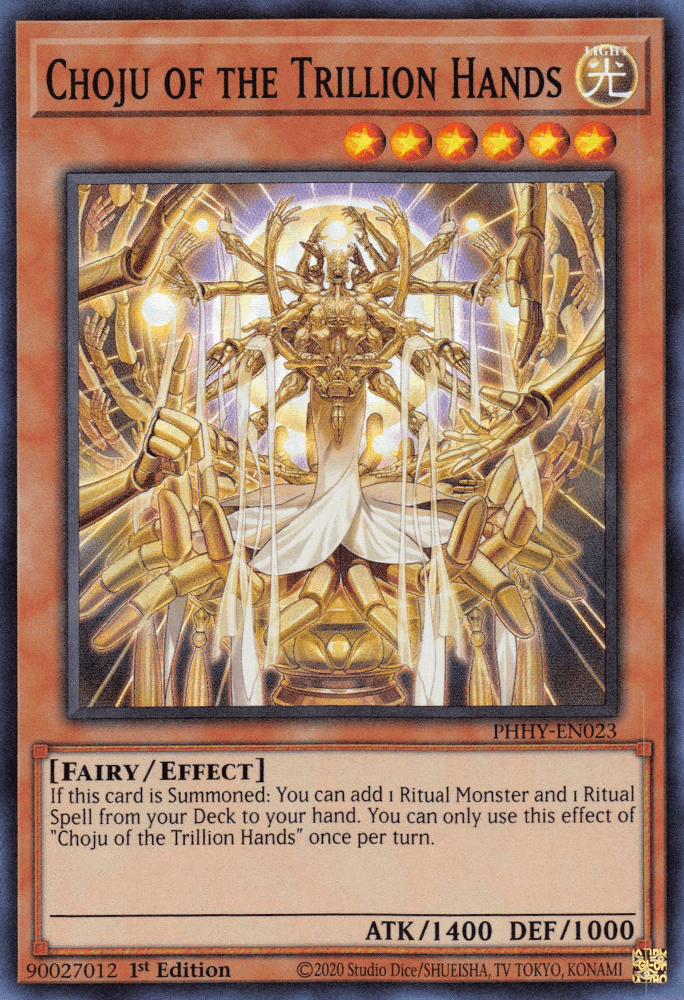 The image showcases the "Choju of the Trillion Hands [PHHY-EN023] Super Rare" Yu-Gi-Oh! card, an Effect Monster from the Photon Hypernova set. It depicts a complex, mechanical humanoid figure with numerous golden arms holding glowing orbs. With ATK 1400 and DEF 1000, its effect adds a Ritual Monster or Ritual Spell from the Deck to your hand.