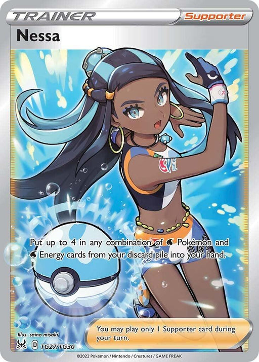 A Pokémon trading card featuring Nessa, a Trainer and Supporter from the Sword & Shield series. She is depicted with long dark hair, wearing a revealing sporty outfit with a glove, armband, and headset. As a Secret Rare card, it allows the player to retrieve Water Pokémon and Energy cards from the discard pile has been replaced by Nessa (TG27/TG30) [Sword & Shield: Lost Origin] from Pokémon.