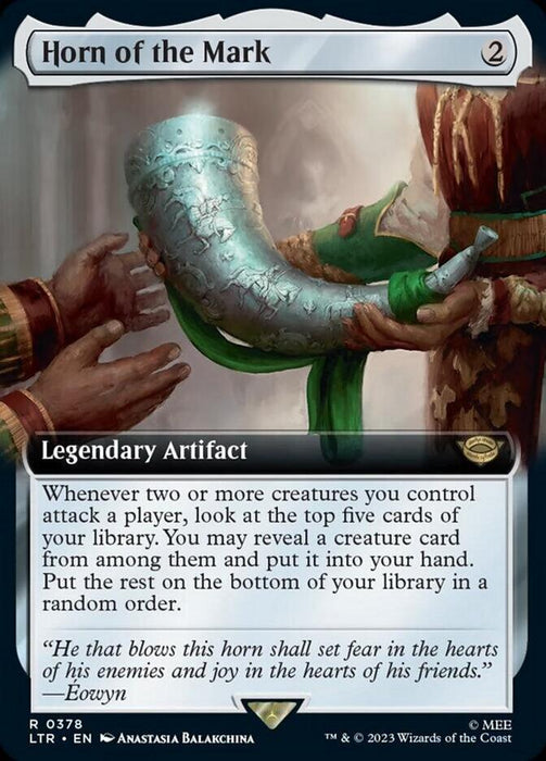 A fantasy-themed card titled "Horn of the Mark (Extended Art) [The Lord of the Rings: Tales of Middle-Earth]" from Magic: The Gathering features an illustration of a decorative horn being handed to a figure dressed in red and gold. This Legendary Artifact card, inspired by The Lord of the Rings and attributed to Éowyn, has a casting cost of 2 colorless mana with its effects detailed in-game.