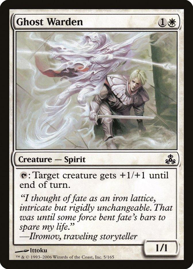 The "Ghost Warden" from Magic: The Gathering's Guildpact set costs 1 colorless and 1 white mana. The card features a creature adorned in armor with a ghostly spirit, granting the ability to give another creature +1/+1 until end of turn, in line with Ittoku's flavor text.