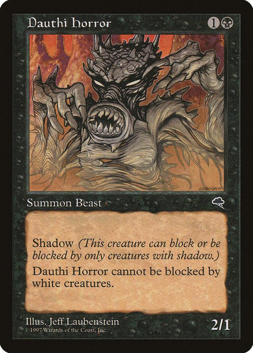 A Magic: The Gathering card named "Dauthi Horror [Tempest]" features a black border and a mana cost of one black and one colorless. This creature with shadow boasts an attack power of 2 and a defense power of 1, depicts a grotesque figure with sharp claws and a distorted face, and crucially, can't be blocked by white creatures.