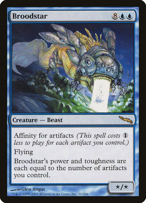 The Magic: The Gathering product titled "Broodstar [Mirrodin]" features artwork of a large, blue, metallic fish-like creature emitting a bright beam of light from its mouth while flying. The card text includes affinity for artifacts and variable power and toughness.