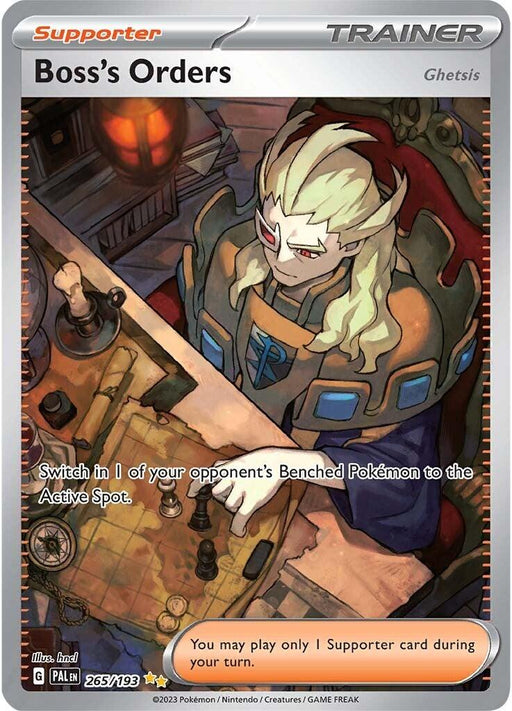 A Special Illustration Rare Pokémon Trading Card Game (TCG) card titled "Boss's Orders (265/193) [Scarlet & Violet: Paldea Evolved]" from the Paldea Evolved series, featuring Ghetsis. The illustration depicts Ghetsis seated at a desk with a map and candle. He has white hair, wears an eyepatch, and is dressed in elaborate armor. The card text instructs swapping one of your opponent's benched Pokémon.

Brand Name: Pokémon