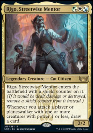 Card image titled "Rigo, Streetwise Mentor" from the Magic: The Gathering Streets of New Capenna Promos. Depicts Rigo the Cat Citizen in a vest with rolled-up sleeves, holding a shield. Text reads: Rigo, Streetwise Mentor enters the battlefield with a shield counter on it. Whenever you attack with creatures of power 1 or less, draw a card. Stats: 2/2.