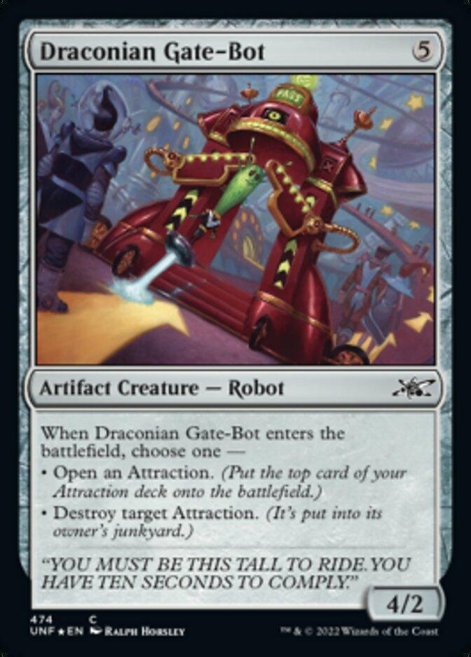 A card named "Draconian Gate-Bot (Galaxy Foil)" from Magic: The Gathering presents an Artifact Creature, depicted as a vibrant robot standing on steps by a gate. The robot is red with dragon-like features, glowing eyes, and steam pouring from pipes. Set in a whimsical scene, the text showcases its game abilities and stats: 4/2.