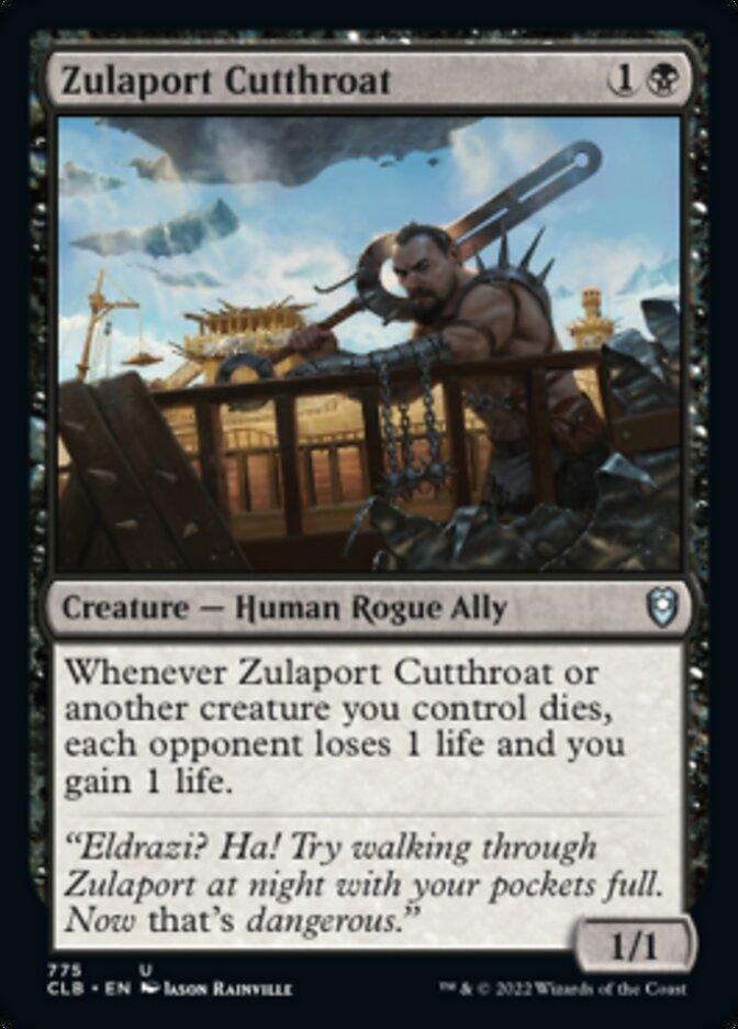 The image features a Magic: The Gathering card named "Zulaport Cutthroat [Commander Legends: Battle for Baldur's Gate]." It's a black card costing 1 generic and 1 black mana, depicting a tattooed man with a beard holding a large blade. Its game effect causes life loss and gain when a creature the player controls dies.