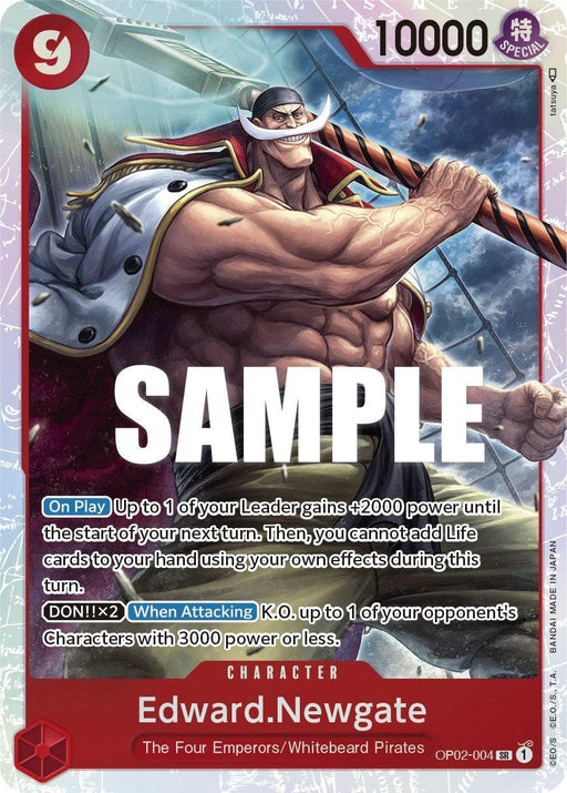 A super rare trading card featuring Edward Newgate from the One Piece card game. The Edward.Newgate [Paramount War] card, by Bandai, has a red border with a "10000" in the top right corner. Edward is shown shirtless, muscular, wielding a large bisento. Text on the card details his abilities and effects in the game.