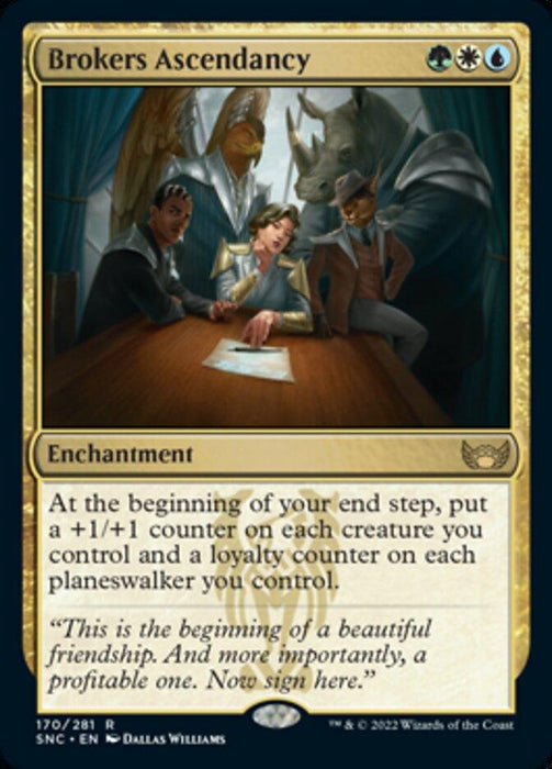 The "Brokers Ascendancy [Streets of New Capenna]" Magic: The Gathering card, a rare enchantment from the Streets of New Capenna set, shows three humanoid creatures gathered around a table, discussing a contract. One is a human, another an avian creature, and the third a rhino-like humanoid. The card features green, white, and blue mana symbols.