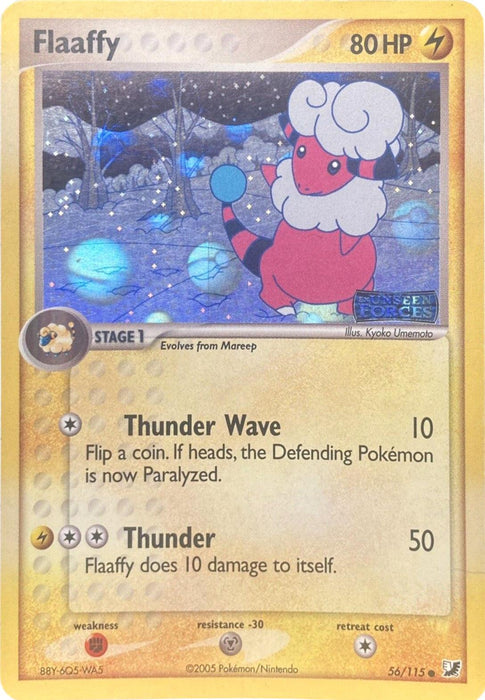 An illustration of a Flaaffy (56/115) (Stamped) [EX: Unseen Forces] Pokémon card from the Pokémon brand with 80 HP. Flaaffy, a pink sheep Pokémon with blue eyes and a white fluffy neck, stands in a snowy forest. The moves listed are "Thunder Wave" and "Thunder," which cause paralysis and recoil damage. Lightning strikes fiercely on card number 56/115.