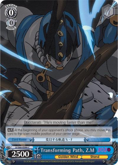 A trading card featuring "Transforming Path, Z.M (JJ/S66-E090 C) [JoJo's Bizarre Adventure: Golden Wind]" from Bushiroad. The character is a muscular figure in blue and white armor, gripping a tree branch. Text reads "Bucciarati: 'He's moving faster than me!'" The character card has stats: 2500 power, 0 cost.