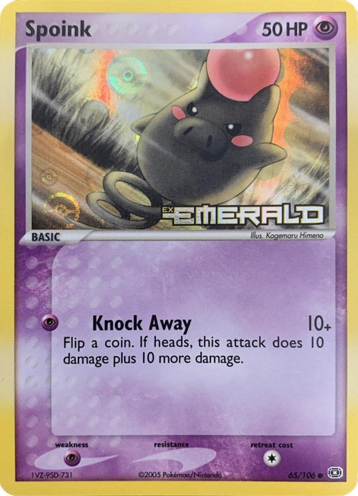 A Pokémon Spoink (65/106) (Stamped) [EX: Emerald] from the EX Emerald series featuring Spoink, a psychic pig-like creature with a pink pearl on its head, set against a stylized background. The common card has 50 HP and an attack called "Knock Away" that does 10 damage plus 10 more if heads is flipped. Numbered 65/106, it is illustrated by Kagemaru Himeno.