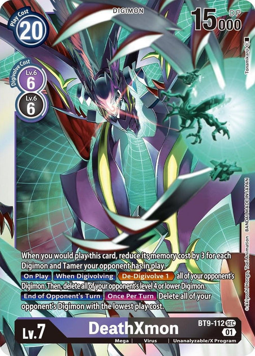 A Secret Rare Digimon trading card for "DeathXmon [BT9-112] [X Record]" boasts a play cost of 20 and 15,000 DP. The card text details effects for when played, when digivolving, and at the end of the opponent's turn. DeathXmon is portrayed as a multi-winged, armored Digimon engulfed in dark and purple hues.