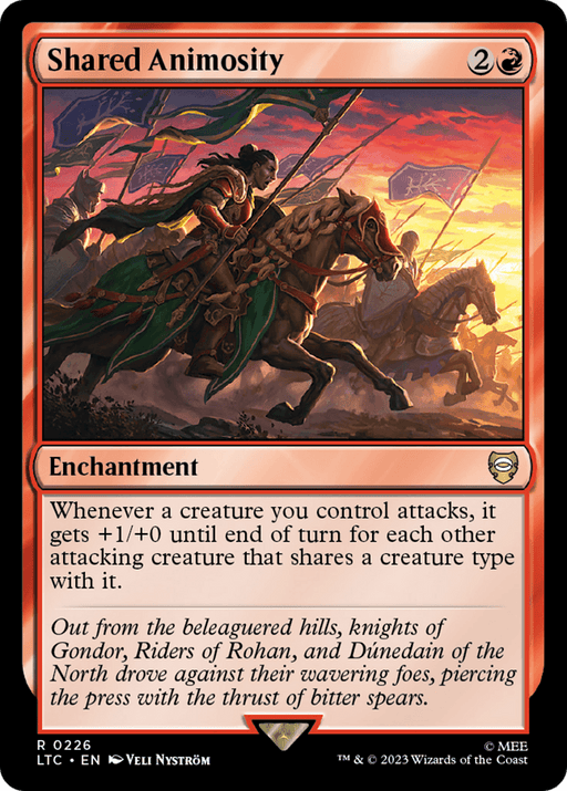 The image shows a "Magic: The Gathering" card named "Shared Animosity [The Lord of the Rings: Tales of Middle-Earth Commander]." The artwork, reminiscent of "The Lord of the Rings," depicts armored horse riders charging into battle at dawn. This rare card has a red border with a mana cost of 2R in the top right. Its text box explains the enchantment effect and includes flavor text.