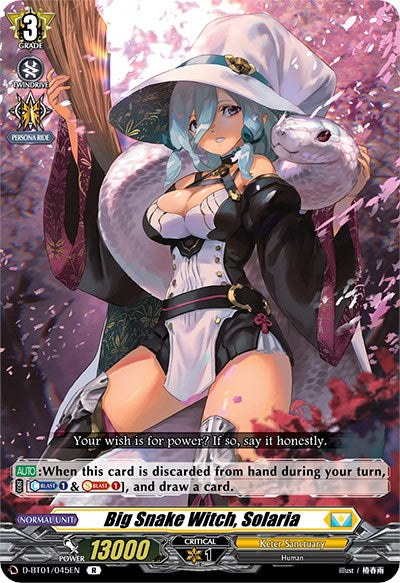 A trading card titled "Big Snake Witch, Solaria" (D-BT01/045EN) [Genesis of the Five Greats] by Bushiroad. This rare Genesis card depicts a white-haired witch with blue eyes, dressed in a black and white outfit with a large snake coiled around her. She is holding a staff and stands against a fantasy background, complete with text, stats, and a Clan symbol.