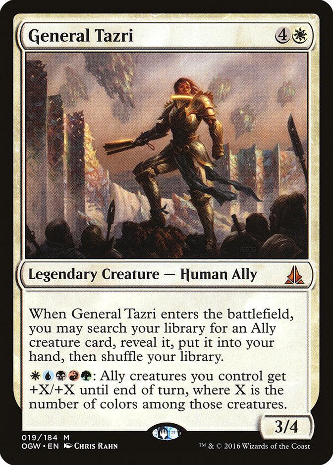 Magic: The Gathering card titled "General Tazri" from the Oath of the Gatewatch series features a Mythic Legendary Creature – Human Ally. The artwork depicts a warrior with a weapon in hand amidst swirling debris, and the card text describes abilities related to ally creatures, boasting a power/toughness of 3/4.