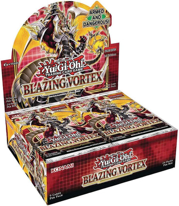 Yu-Gi-Oh! "Blazing Vortex - Booster Box (1st Edition)" by Konami features an Armed Dragon design with the slogan "Armed and Dangerous!" It includes 24 packs of 9 cards each, suitable for ages 6+, and showcases a predominantly red and gold theme.