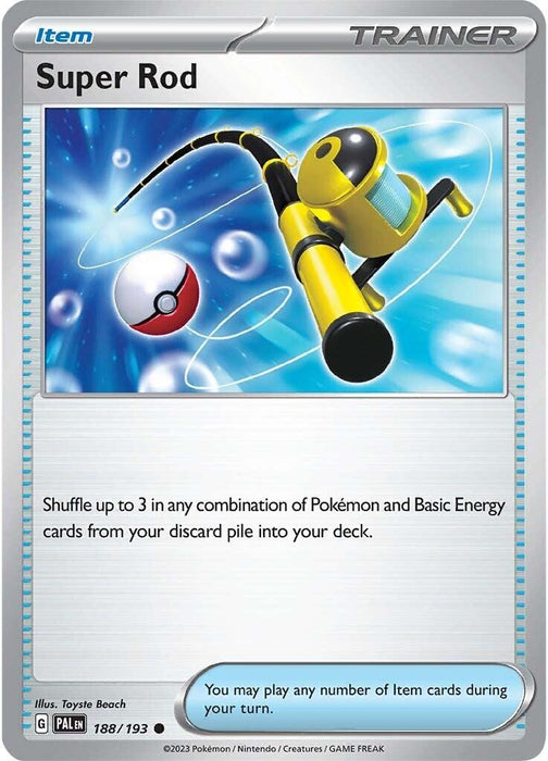 A Pokémon trading card titled “Super Rod (188/193) [Scarlet & Violet: Paldea Evolved]” under the category “Trainer” and subcategory “Item.” The illustration, from the Paldea Evolved series, depicts a fishing rod with a Pokéball lure submerged in water, surrounded by bubbles. The card allows shuffling up to 3 Pokémon or Basic Energy cards from the discard pile into the deck.
