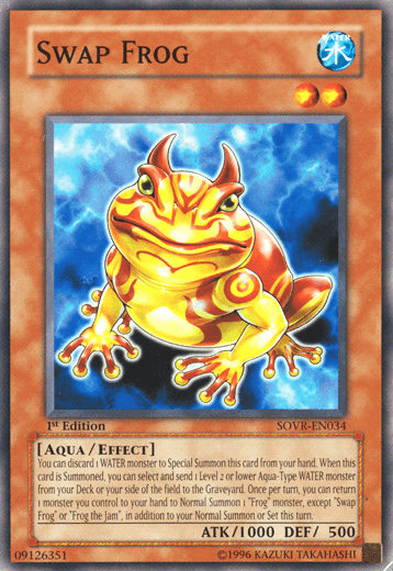 A Yu-Gi-Oh! trading card titled "Swap Frog [SOVR-EN034] Common" from the Stardust Overdrive set. This 1st Edition WATER monster features a yellow-orange frog with blue eyes and blue markings, surrounded by blue energy as it leaps forward. The card text details the frog's effect and summoning rules.