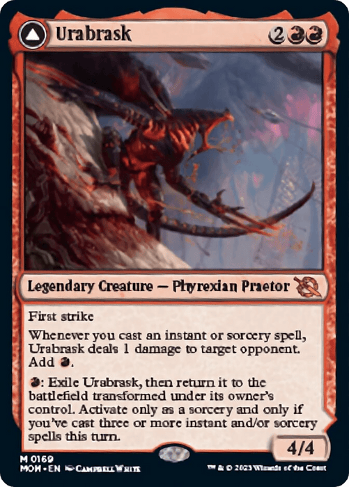 The image showcases a Magic: The Gathering card titled "Urabrask // The Great Work [March of the Machine]," a Legendary Creature - Phyrexian Praetor. Costing 2 red mana and 2 generic mana to play, it boasts a power/toughness of 4/4. Featuring first strike, it ties into the March of the Machine set with abilities involving instant/sorcery spells and transforming after casting three spells.