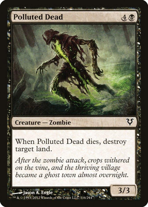 The image displays a Magic: The Gathering card named "Polluted Dead [Avacyn Restored]," featuring a decayed zombie with dark, twisted features emerging from the ground. As a Creature – Zombie, its ability to destroy target land upon death adds to its menacing presence. The flavor text vividly describes the aftermath of a zombie attack.