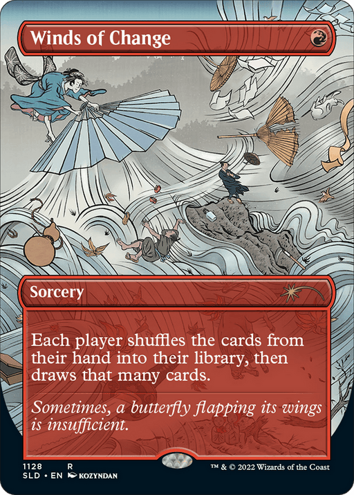 Magic: The Gathering card titled "Winds of Change (Borderless) [Secret Lair Drop Series]" with a red border. This rare sorcery features artwork depicting a chaotic windstorm blowing people and objects through the air in a traditional Japanese art style. The card text reads, "Each player shuffles the cards from their hand into their library, then draws that many cards.