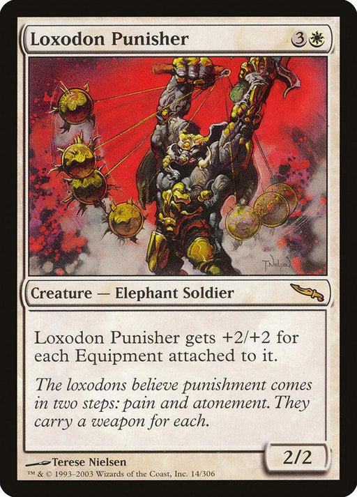 Magic: The Gathering card titled "Loxodon Punisher [Mirrodin]." It features a muscular, elephant-headed soldier holding dual spiked weapons, with glowing yellow chains attached to other spheres in the background. Equipped with powerful gear, it has a strength/toughness rating of 2/2.