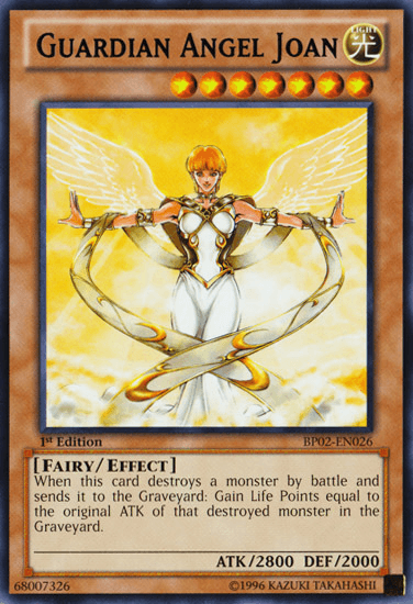 A Yu-Gi-Oh! trading card, "Guardian Angel Joan [BP02-EN026] Rare," proudly showcases an Effect Monster. The illustration depicts a winged angelic figure with a halo, adorned in golden armor and wielding a glowing staff. Below the image, text highlights its Fairy/Effect type and abilities, which include restoring Life Points. With stats of 2800 ATK and 2000 DEF, it is marked as "1st Edition" BP.