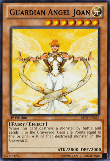 A Yu-Gi-Oh! trading card, "Guardian Angel Joan [BP02-EN026] Rare," proudly showcases an Effect Monster. The illustration depicts a winged angelic figure with a halo, adorned in golden armor and wielding a glowing staff. Below the image, text highlights its Fairy/Effect type and abilities, which include restoring Life Points. With stats of 2800 ATK and 2000 DEF, it is marked as "1st Edition" BP.