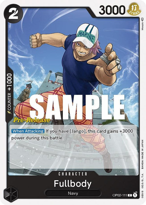 A card from a trading card game features a muscular man with pink hair wearing a blue sleeveless shirt, striped orange pants, and a white cap labeled "MARINE." As part of the Bandai Fullbody [Paramount War Pre-Release Cards], it showcases "Fullbody" with an attack power of 3000 and a life value of 2.