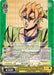 A rare card from the JoJo's Bizarre Adventure series depicting a Golden Wind character in a green outfit. The collectible card, Simmering Fury, Fugo (JJ/S66-E006 R) [JoJo's Bizarre Adventure: Golden Wind] by Bushiroad, has stats, including a power of 4500, and costs 1. Text boxes provide character-specific abilities. A speech bubble reads, “It’s not something that's spoken. He has true loyalty within him!”
