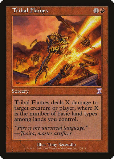 A rare trading card titled "Tribal Flames [Time Spiral Timeshifted]" from Magic: The Gathering. It features a sorcery spell that requires one colorless and one red mana to cast. The illustration depicts a mechanical creature breathing intense flames. The card's effect states that it deals X damage to a creature or player, where X equals the number of basic land types you control.