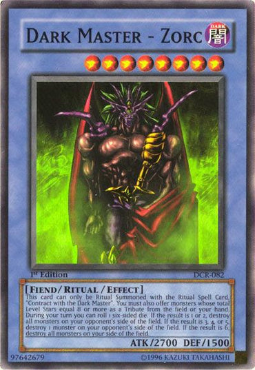 The Yu-Gi-Oh! product named "Dark Master - Zorc [DCR-082] Super Rare" is a 1st Edition from the Dark Crisis set. It features a dark, muscular fiend with horns, wings, red eyes, and a staff. Clad in green and purple armor with a red cape, Zorc boasts 2700 ATK and 1500 DEF points.