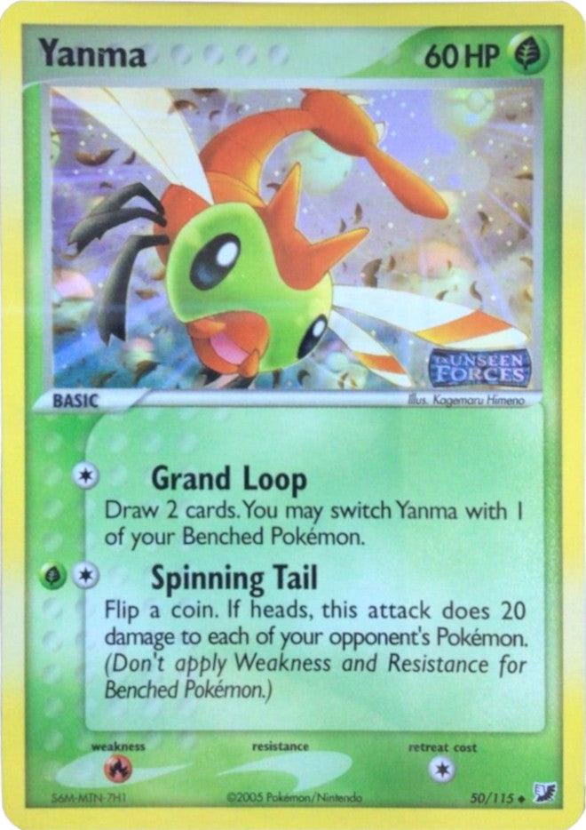 A Yanma (50/115) (Stamped) [EX: Unseen Forces] from the Pokémon expansion features the insect-like Yanma with wings spread wide, soaring against a lush green background. This uncommon card has 60 HP and showcases two attacks: 