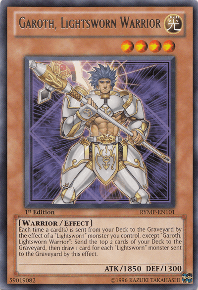 An image of the Yu-Gi-Oh! product "Garoth, Lightsworn Warrior [RYMP-EN101] Rare" is displayed. The card depicts a knight clad in shimmering white and gold armor, wielding a glowing sword. As a Level 4 Lightsworn Effect Monster, it boasts an ATK of 1850 and DEF of 1300, with abilities linked to the Lightsworn archetype.